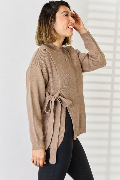 Slit Tied Dropped Shoulder Sweater.