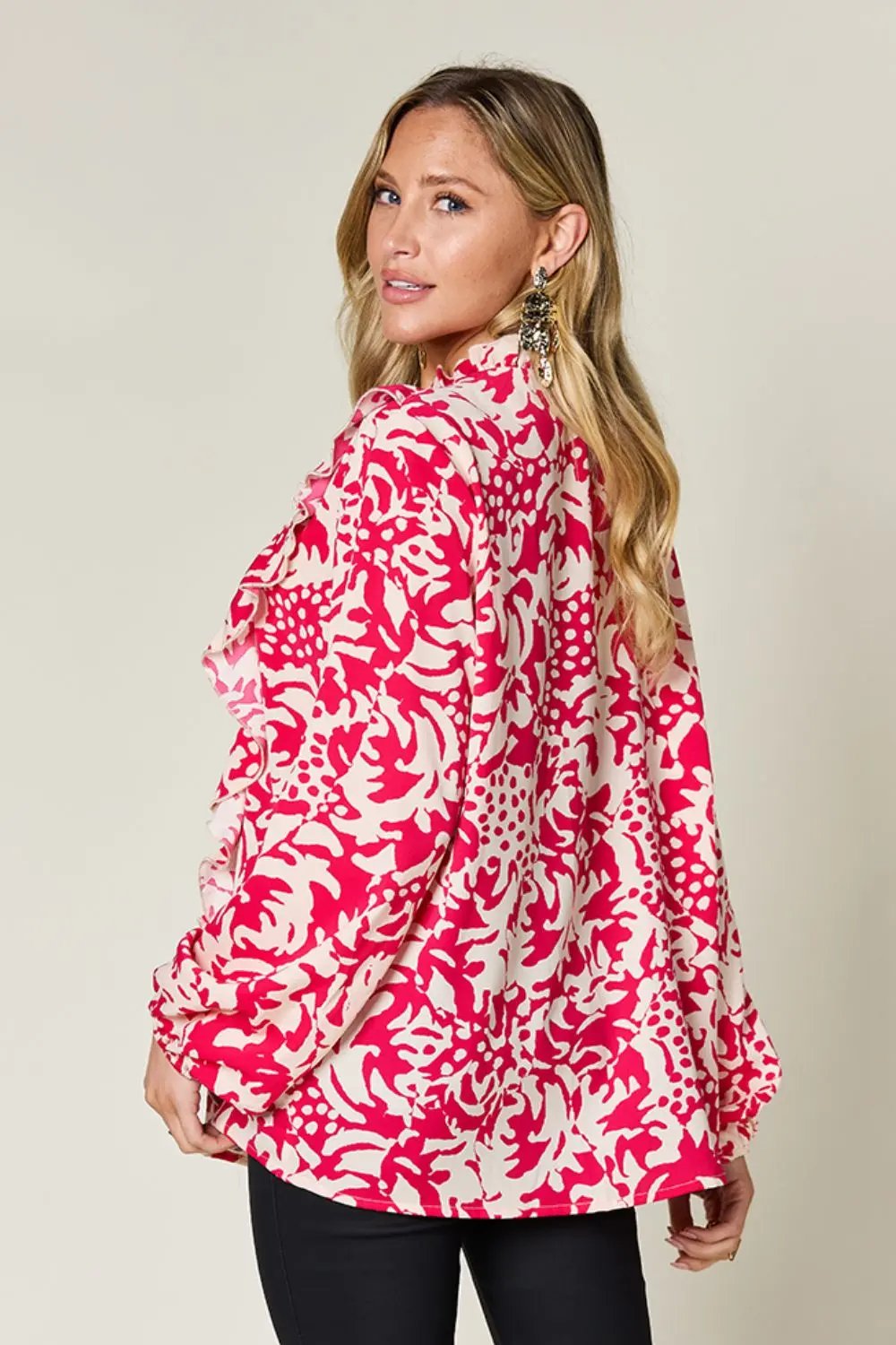 Double Take Full Size Printed Ruffle Trim Balloon Sleeve Shirt - Love Salve