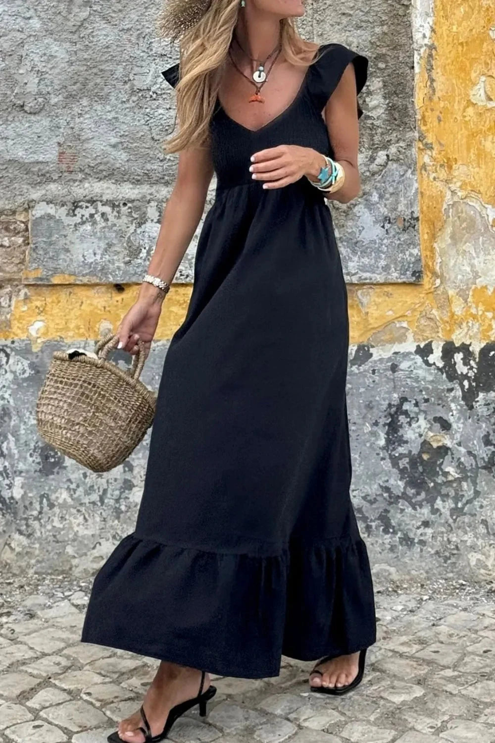 V Neck Ruffled Cap Sleeve Smocked Maxi Dress Simply Love