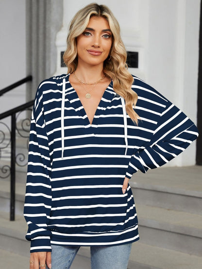 Drawstring Striped Long Sleeve Hoodie.