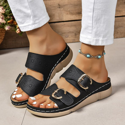 PU Leather Open Toe Buckle Sandals.