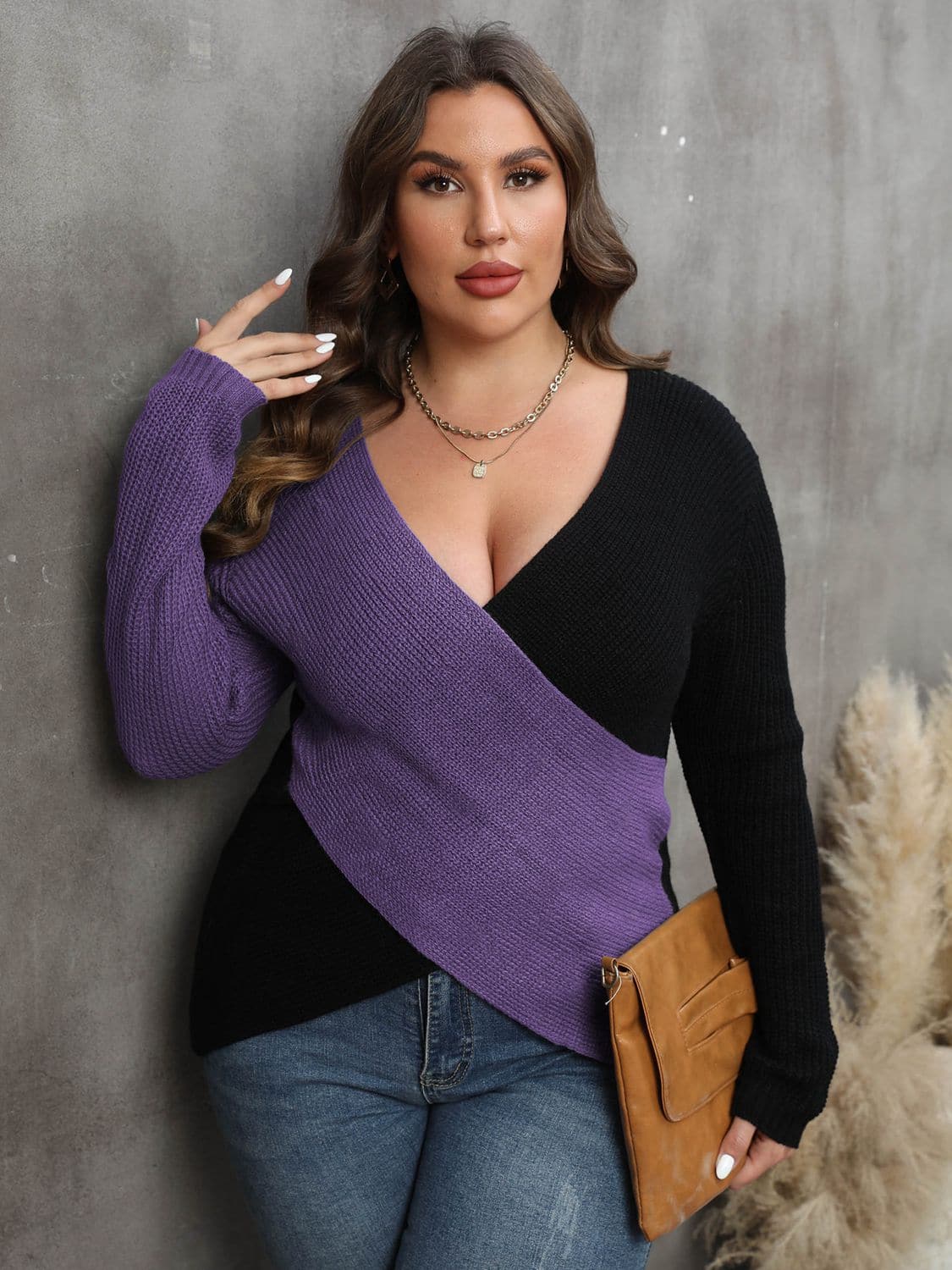 Plus Size Two-Tone Surplice Neck Sweater.