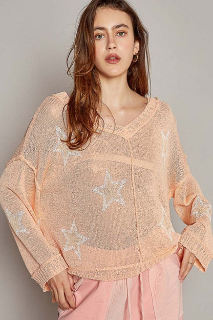 POL V-Neck Long Sleeve Star Print Knit Top.