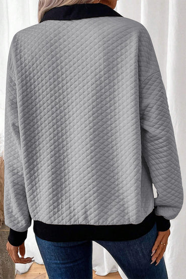 Chic light grey buttoned collar sweatshirt with textured colorblock edges