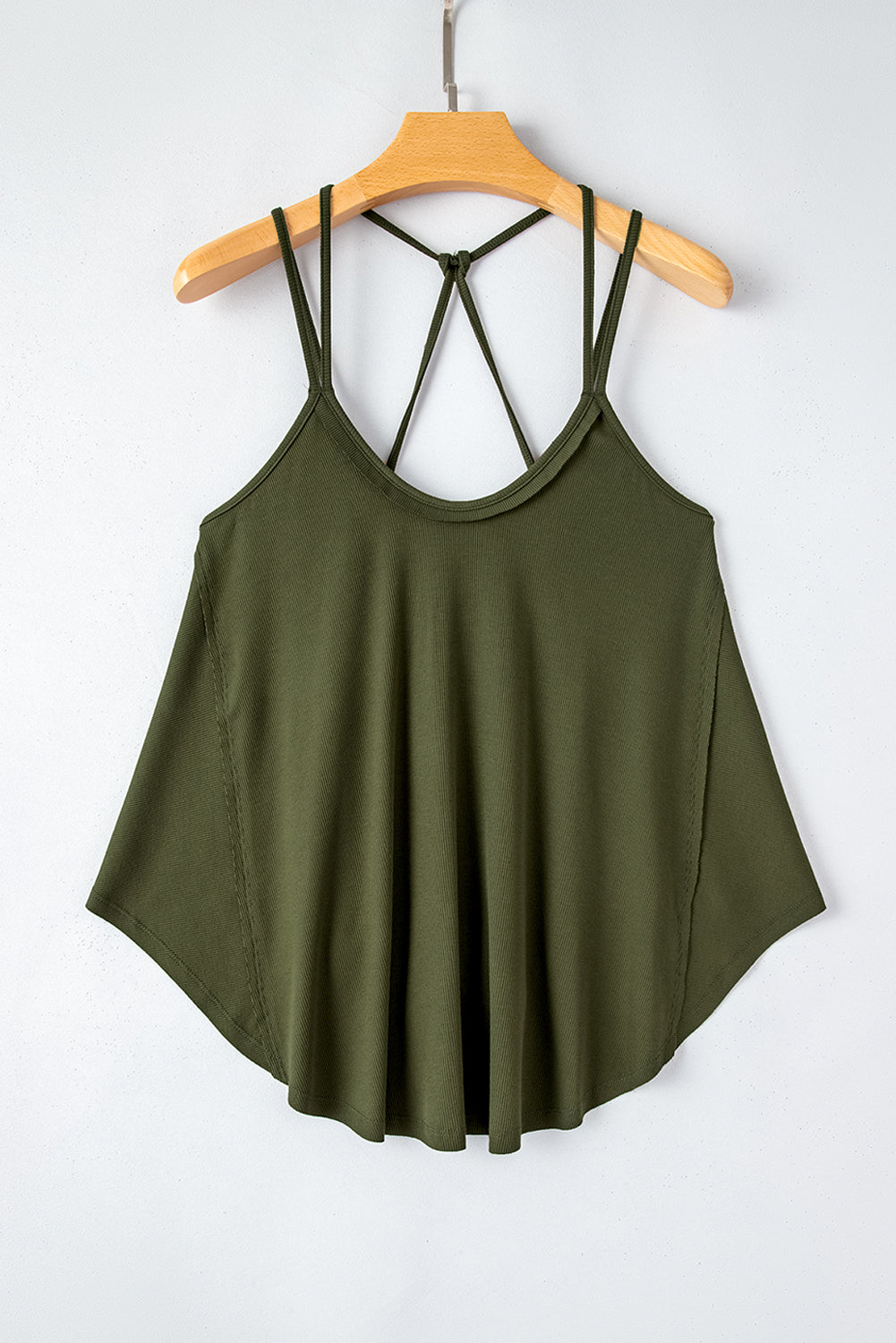 Stylish jungle green double strap tank top with exposed seam details