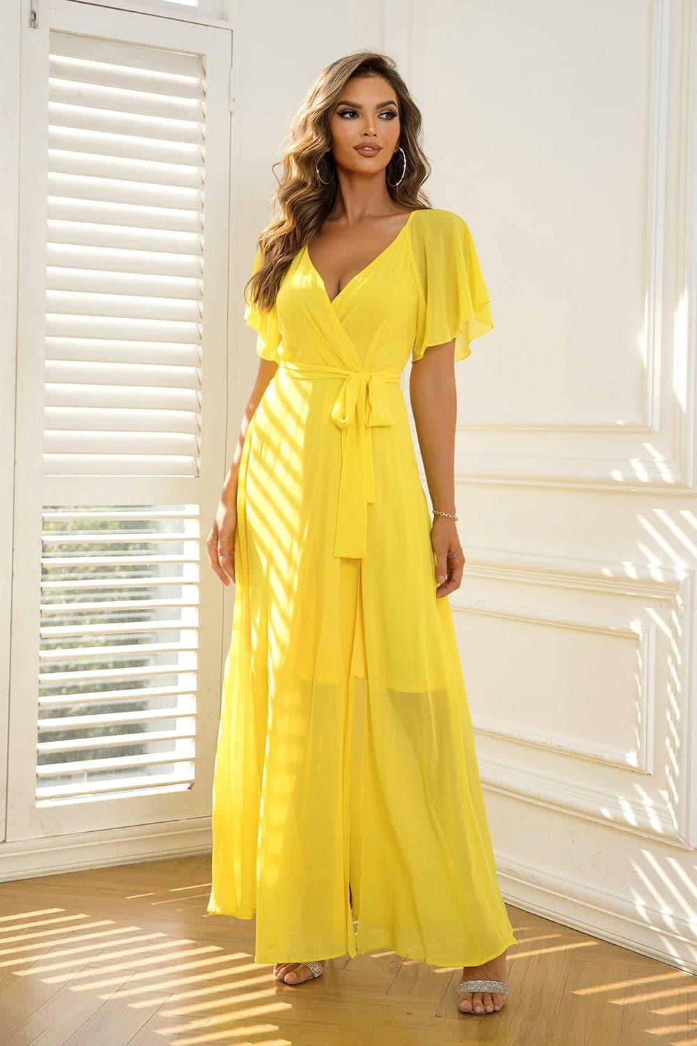 Tie Waist Flutter Sleeve Maxi Dress.