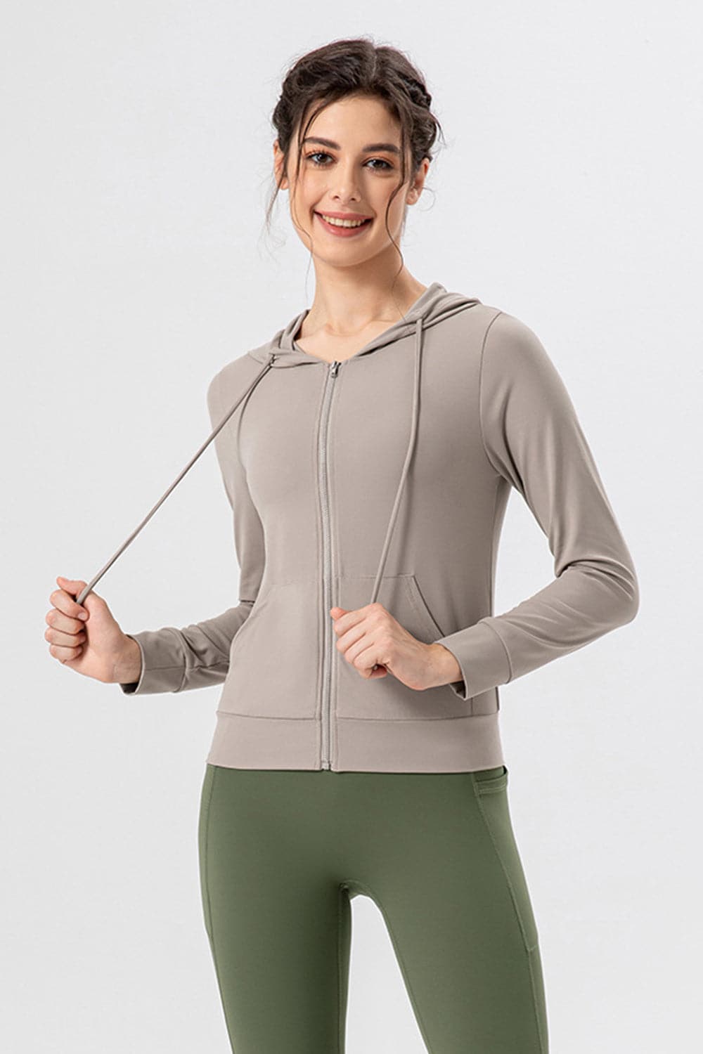 Drawstring Zip Up Hooded Active Outerwear.