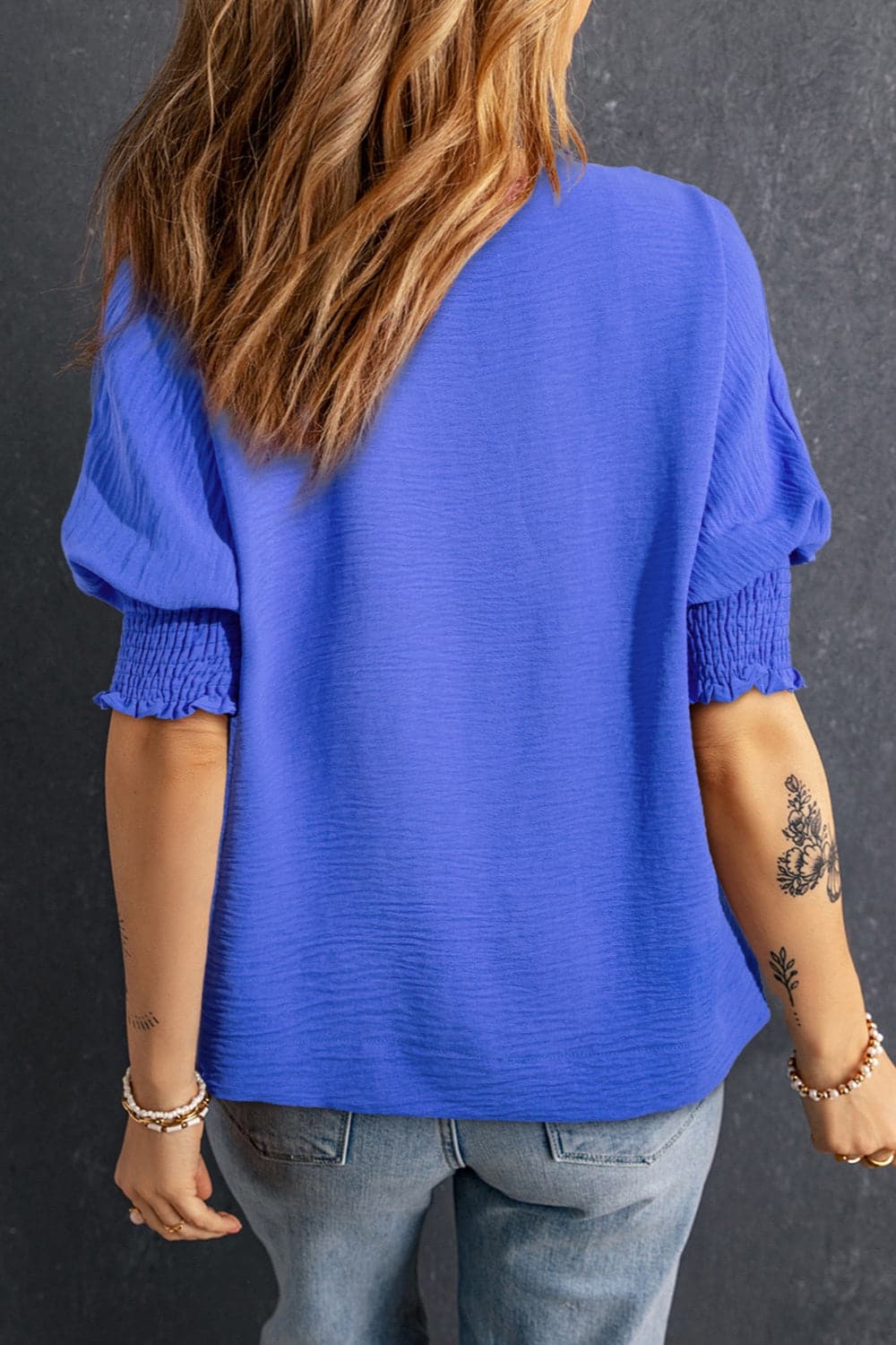 Smocked Johnny Collar Half Sleeve Blouse.