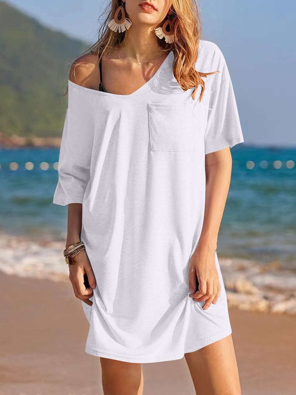 Pocketed V-Neck Short Sleeve Tee Dress.