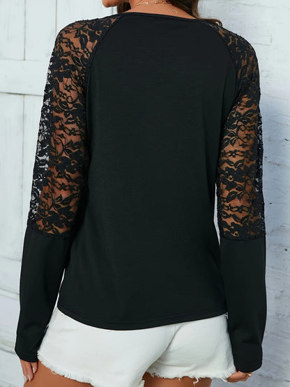 Lace Notched Long Sleeve Blouse.