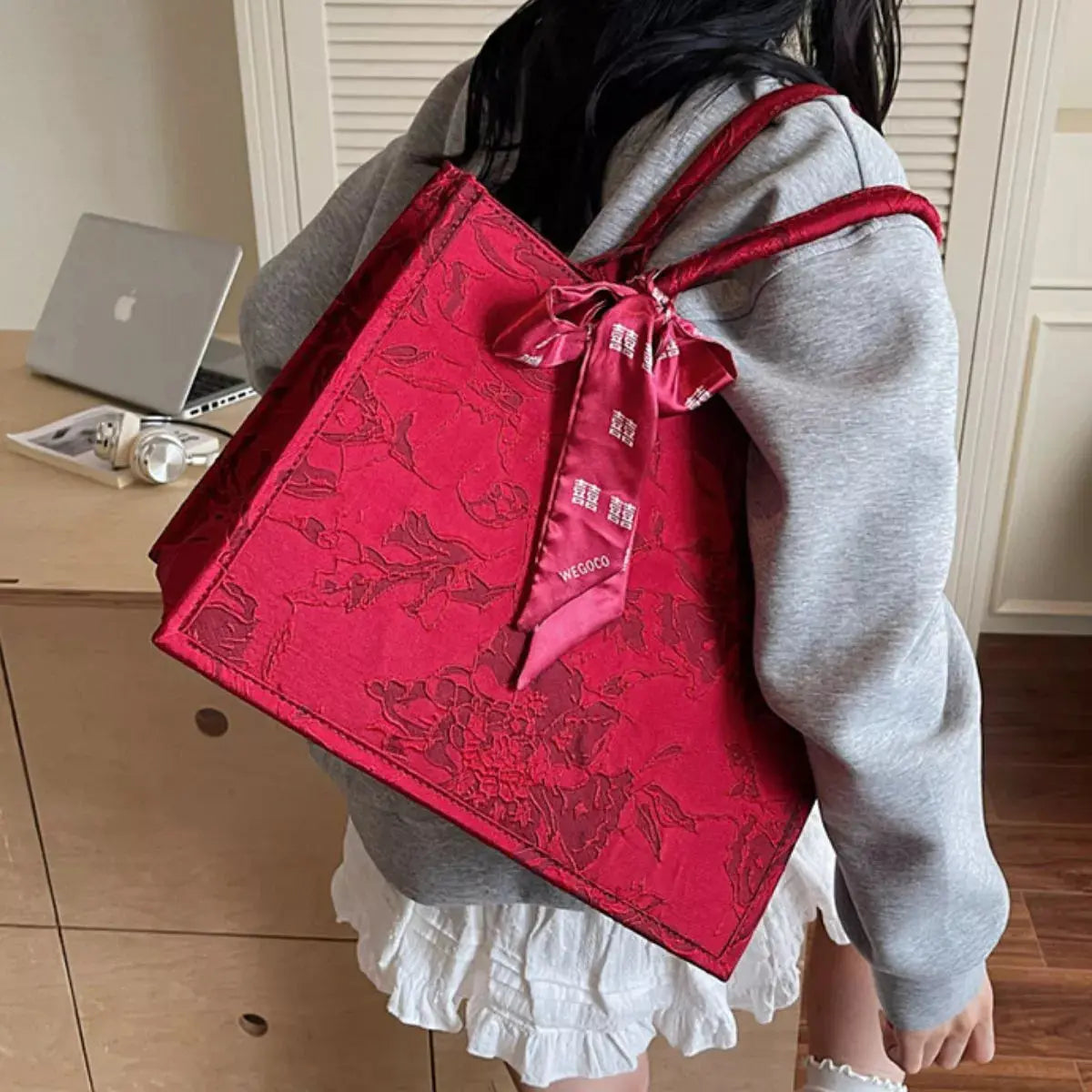 Floral Embossed Tote Handbag with Scarf Accent Simply Love