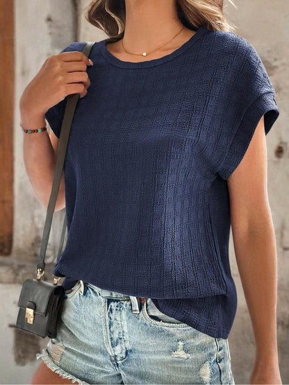 Textured Round Neck Short Sleeve Top.