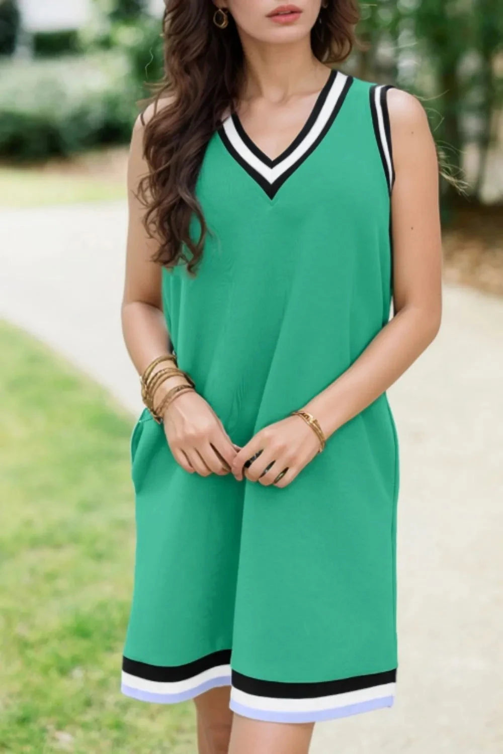 Color Contrast Trim V Neck Shift Sleeveless Mini Dress Simply Love