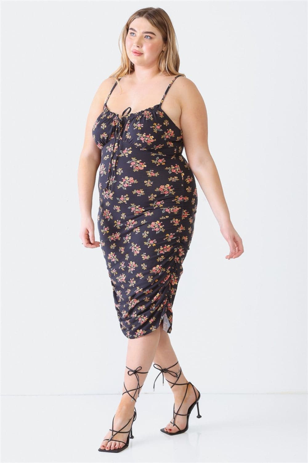 Blue Leopard Plus Size Ruched Floral Square Neck Cami Dress.