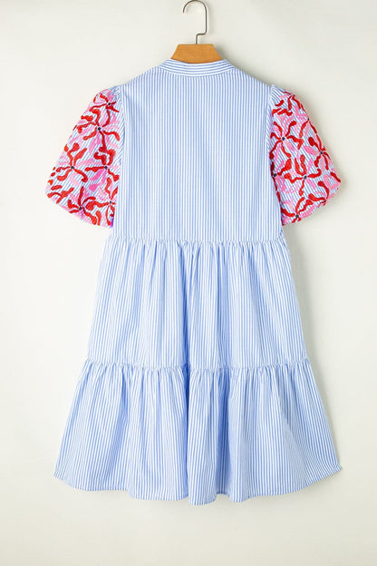 Embroidered Striped Notched Short Sleeve Dress.