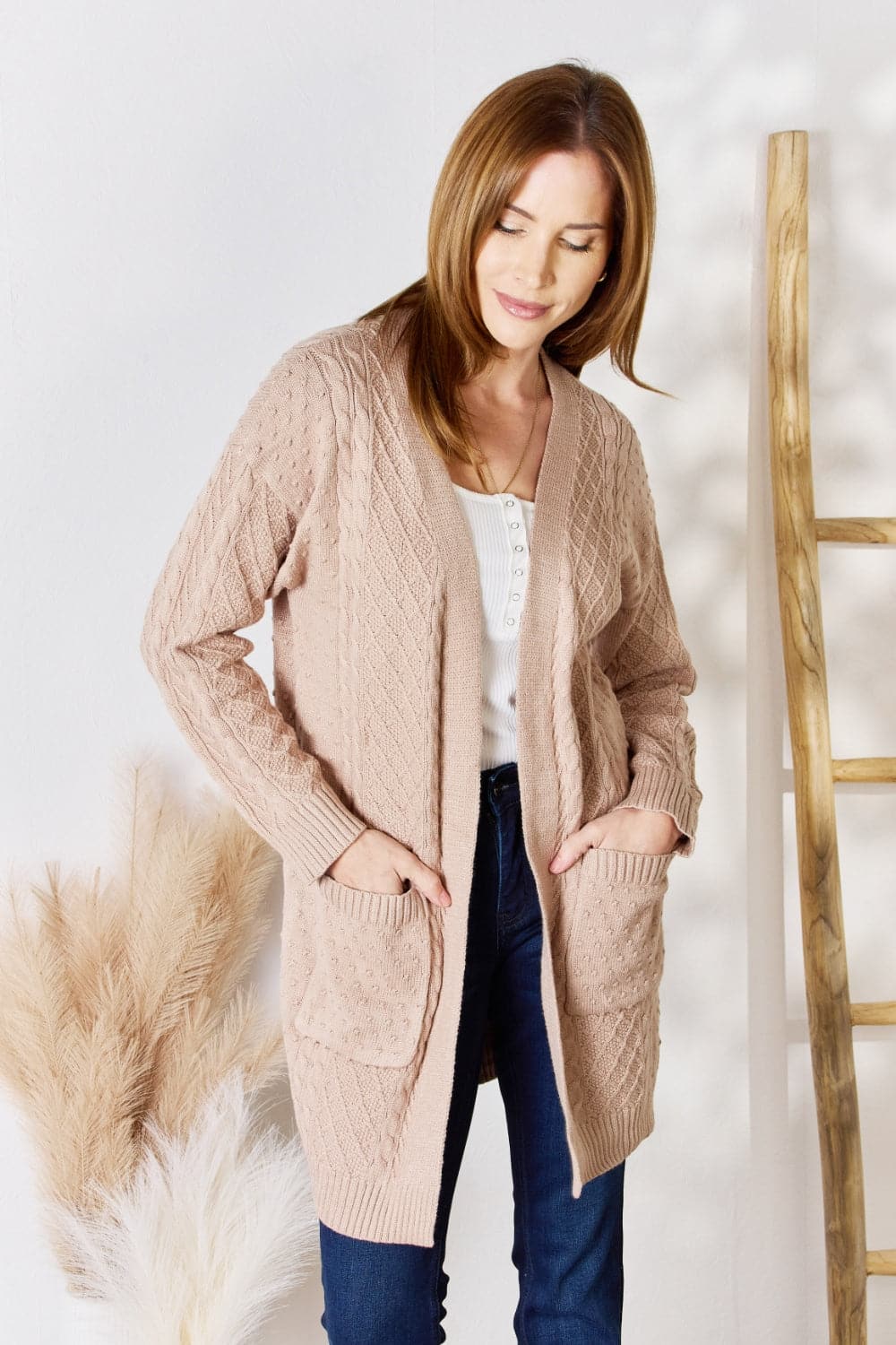 Hailey & Co Full Size Cable-Knit Pocketed Cardigan.