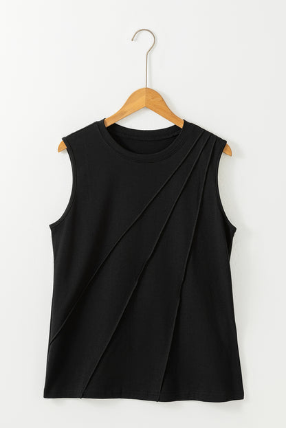 Chic black pleated tank top with crew neck design