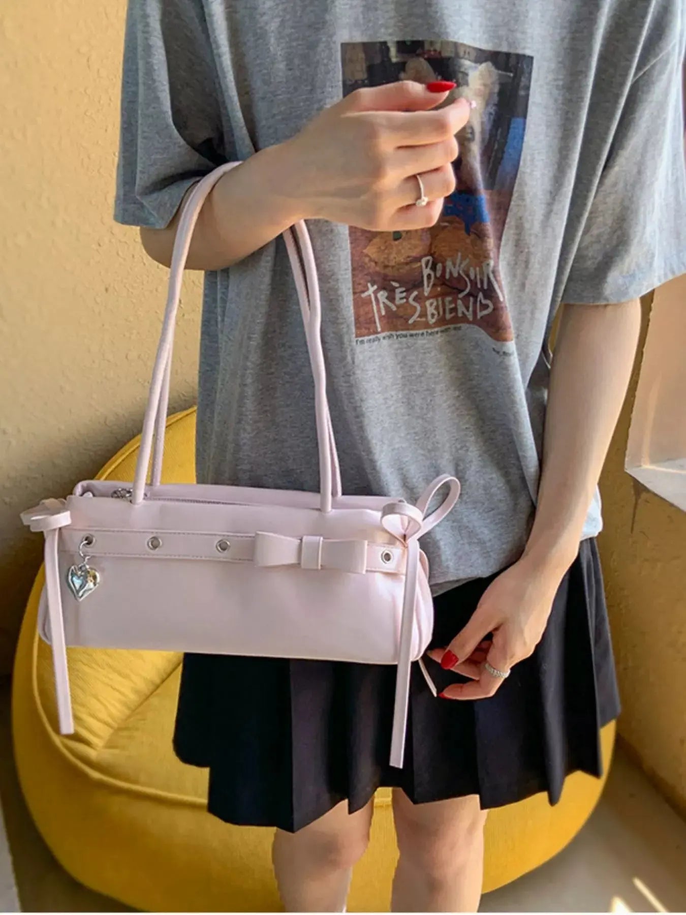 PU Leather Small Shoulder Bag With Heart Charm Elegant Tote Simply Love