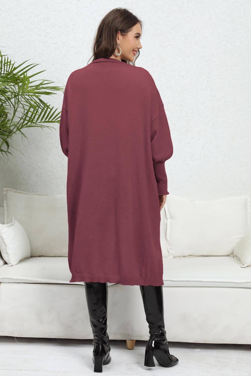 Lantern Sleeve Open Front Pocketed Cardigan.