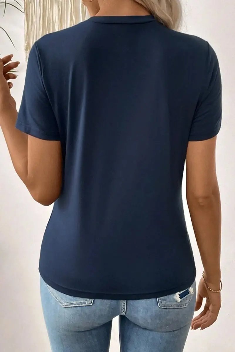 Dirty Blue Solid Color Toothpick Stripe Round Neck T Shirt - Love Salve 