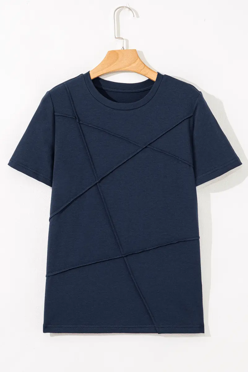 Dirty Blue Solid Color Toothpick Stripe Round Neck T Shirt - Love Salve 