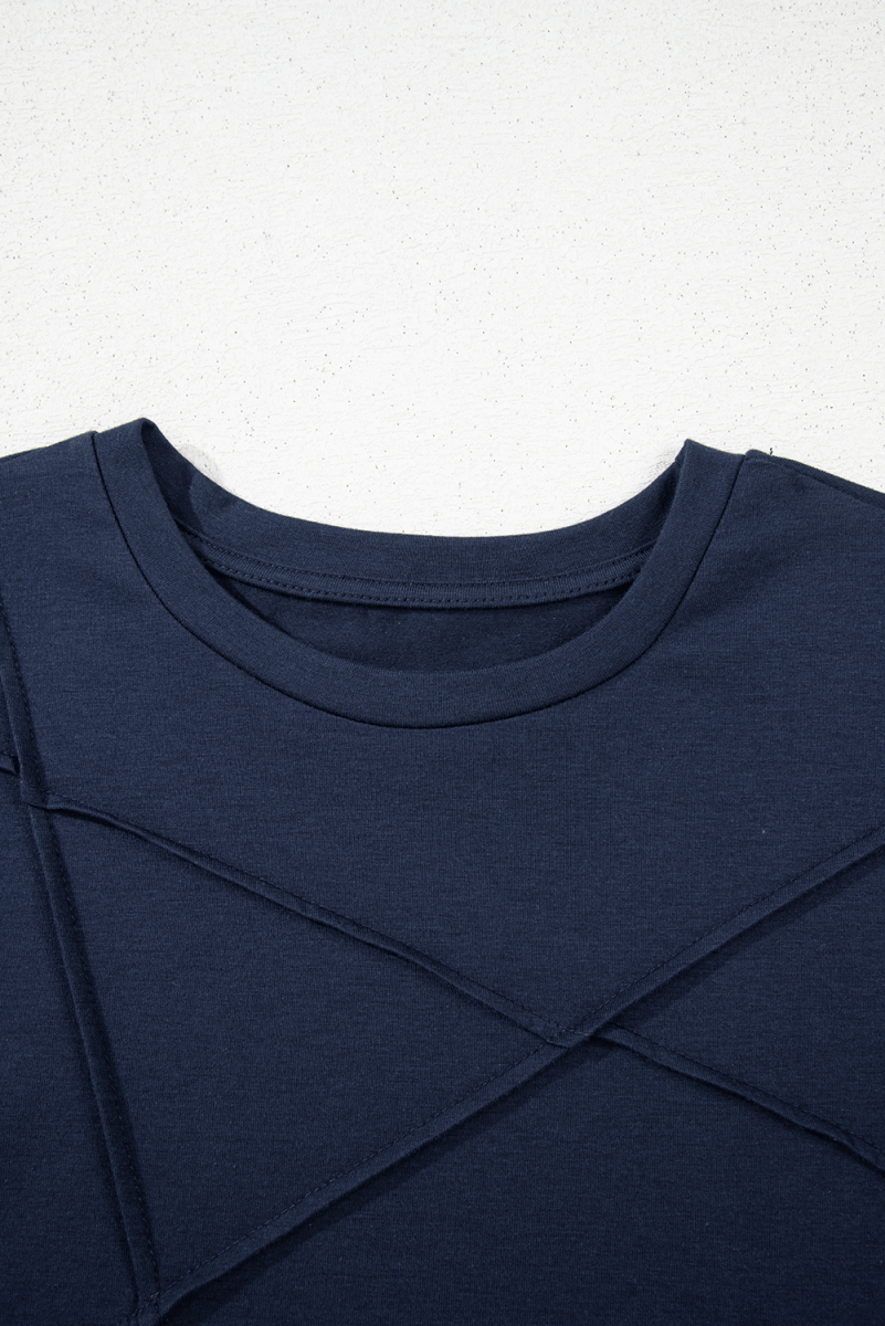 Dirty Blue Solid Color Toothpick Stripe Round Neck T Shirt - Love Salve 