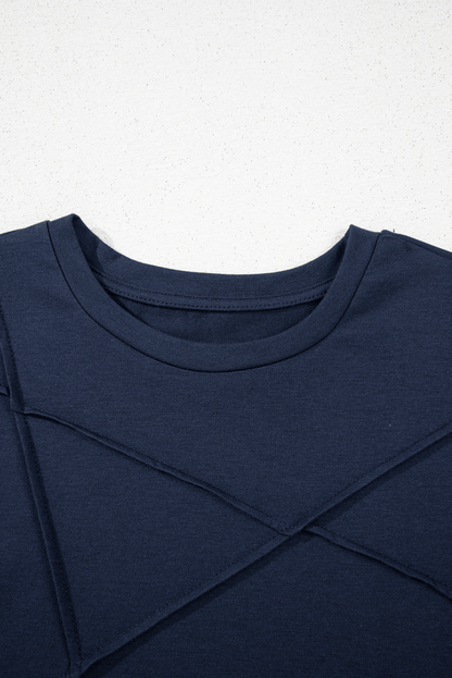 Dirty Blue Solid Color Toothpick Stripe Round Neck T Shirt - Love Salve 