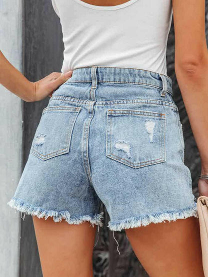 Distressed Fringe Denim Shorts with Pockets - Love Salve