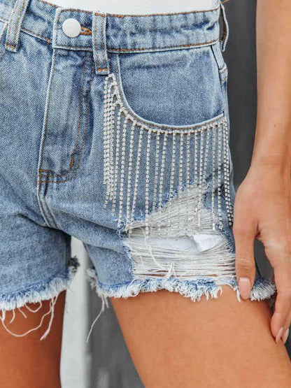 Distressed Fringe Denim Shorts with Pockets - Love Salve