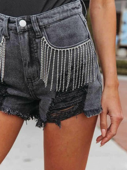 Distressed Fringe Denim Shorts with Pockets - Love Salve