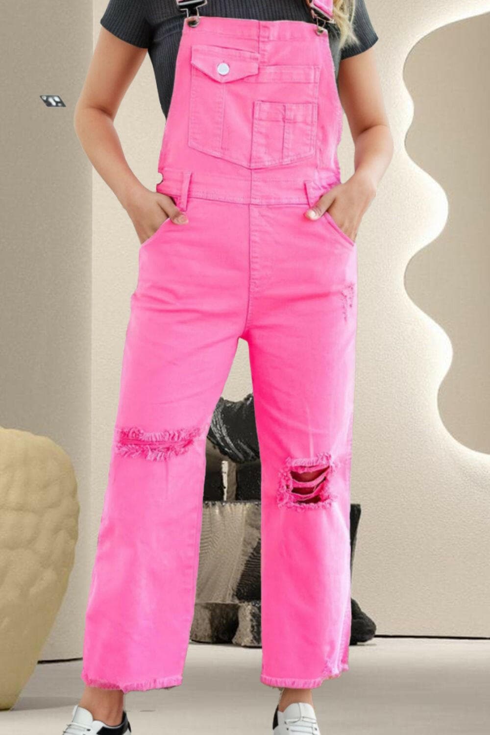 Distressed Pocketed Wide Strap Denim Overalls - Love Salve