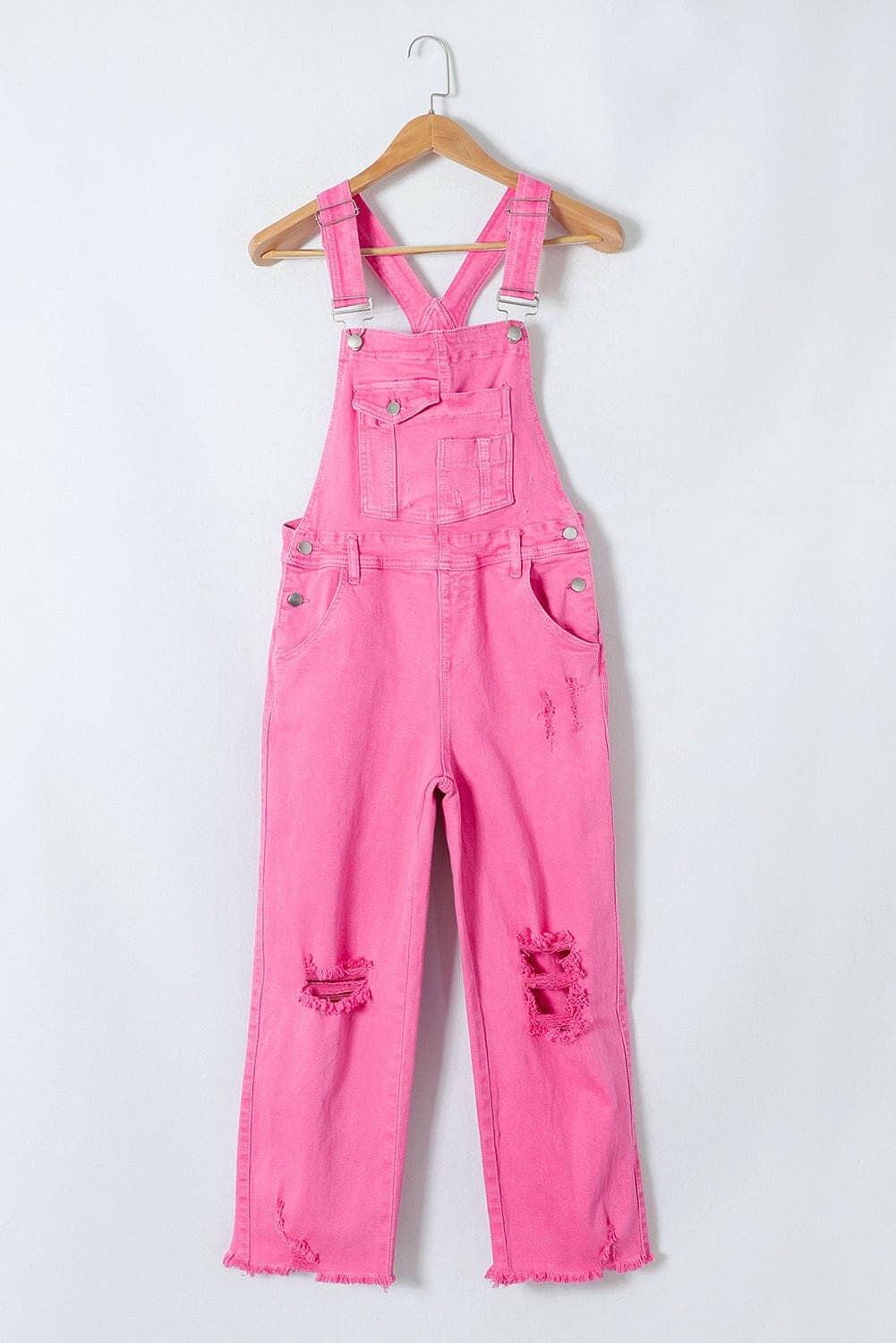 Distressed Pocketed Wide Strap Denim Overalls - Love Salve