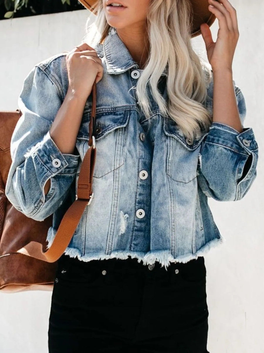 Distressed Raw Hem Denim Jacket - Love Salve