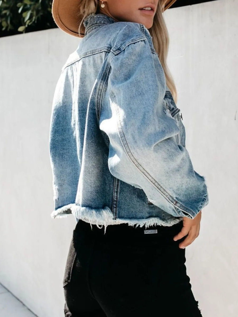 Distressed Raw Hem Denim Jacket - Love Salve