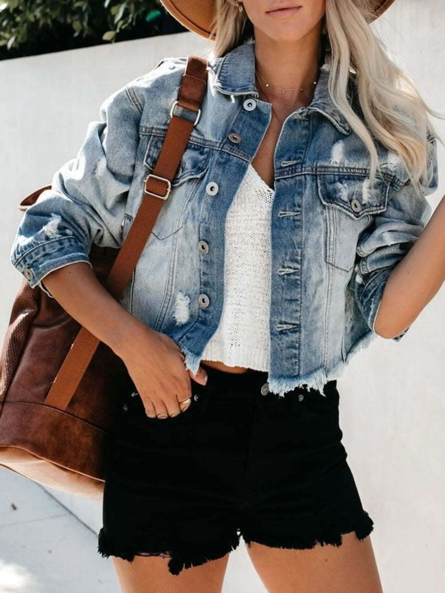 Distressed Raw Hem Denim Jacket - Love Salve