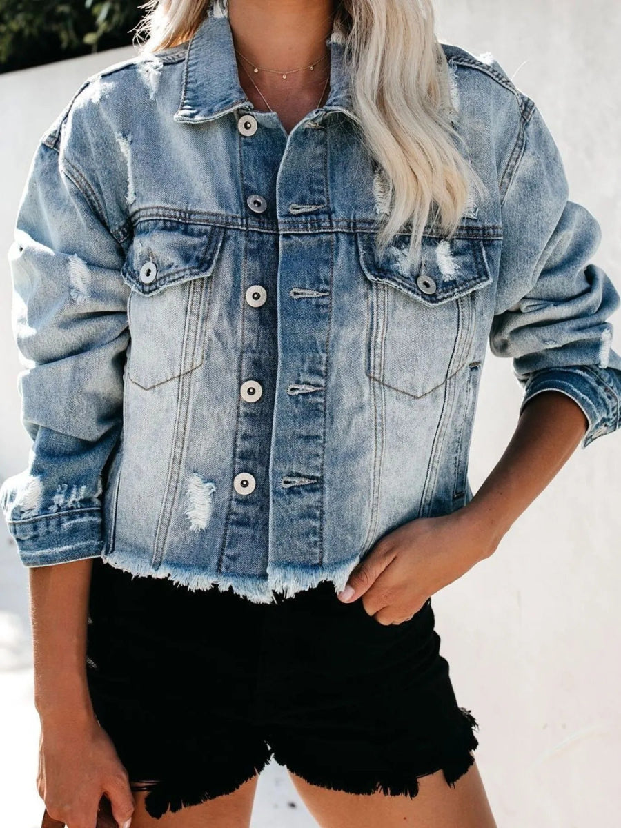 Distressed Raw Hem Denim Jacket - Love Salve
