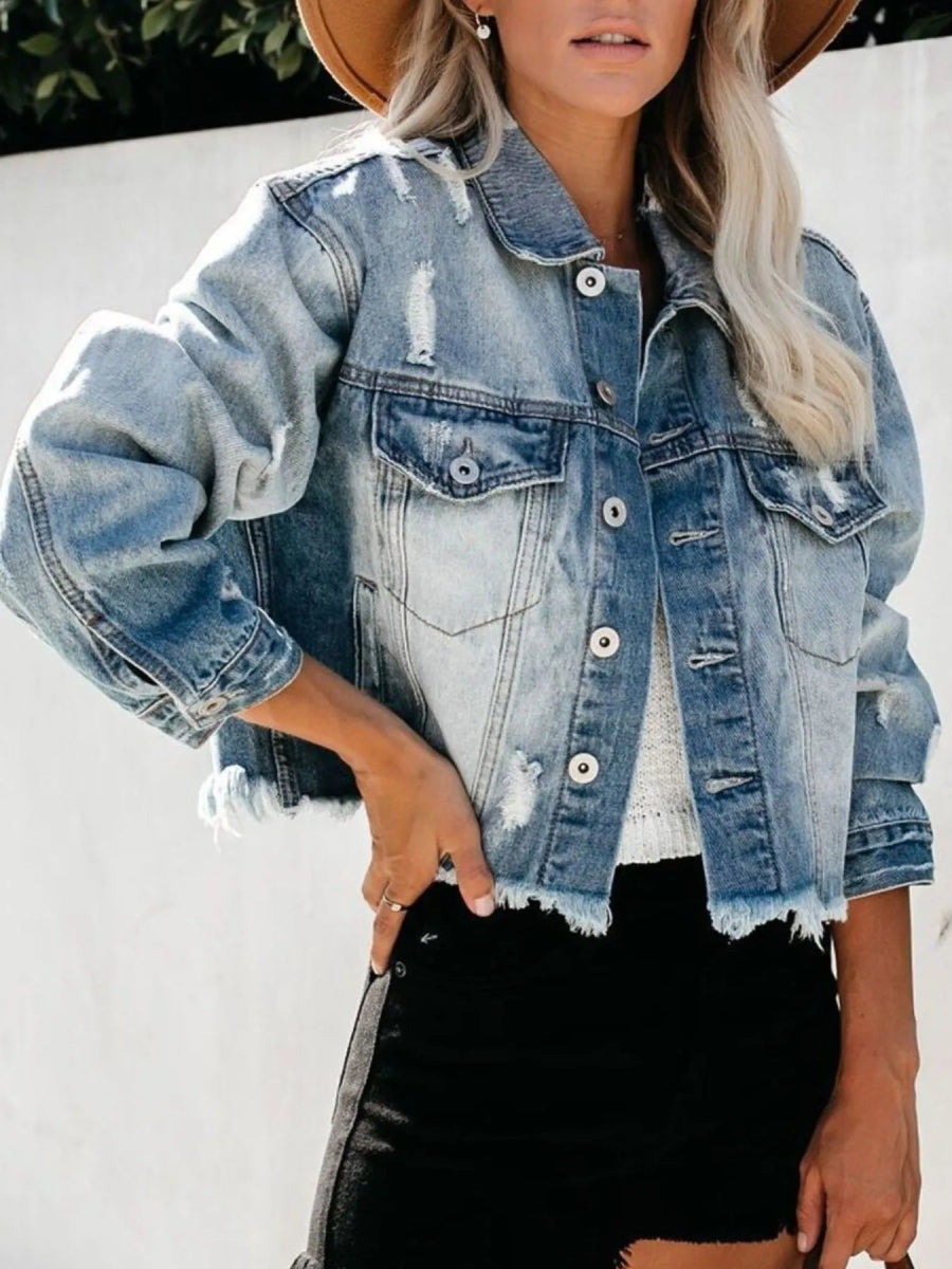 Distressed Raw Hem Denim Jacket - Love Salve