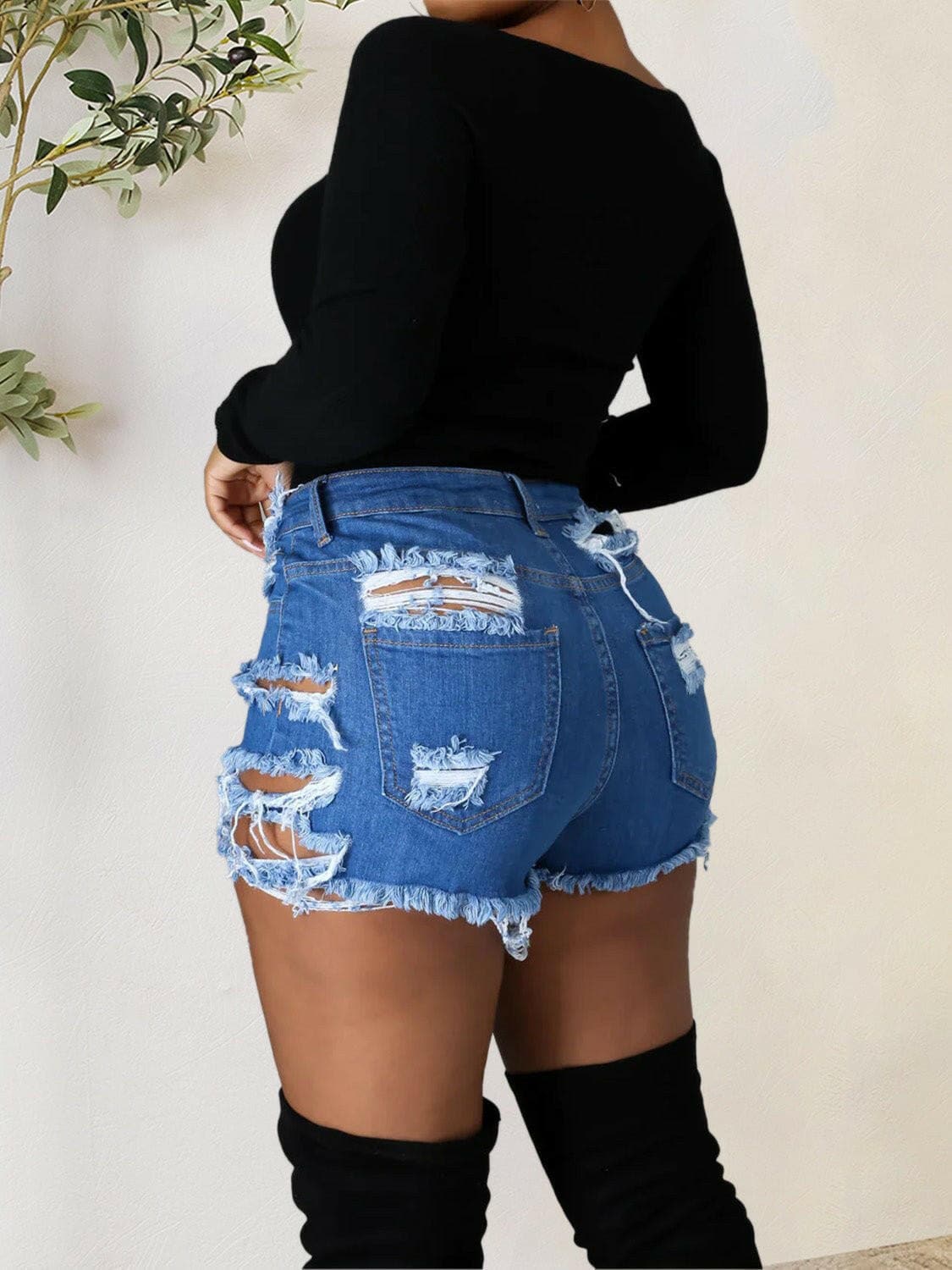 Distressed Raw Hem Denim Shorts with Pockets - Love Salve