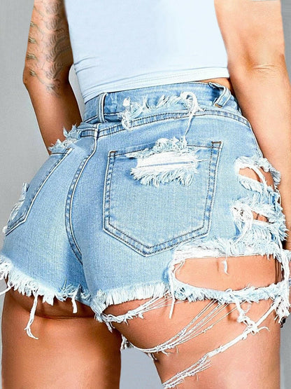 Distressed Raw Hem Denim Shorts with Pockets - Love Salve