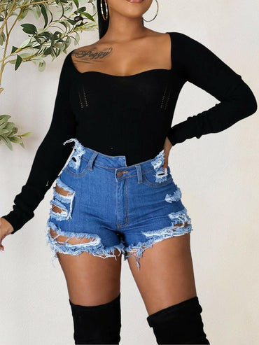 Distressed Raw Hem Denim Shorts with Pockets - Love Salve