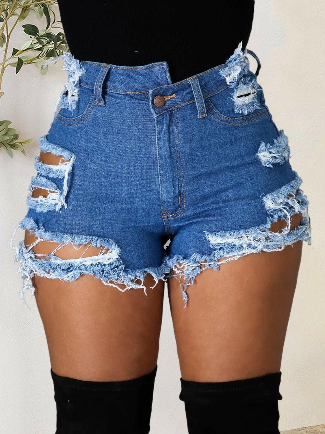 Distressed Raw Hem Denim Shorts with Pockets - Love Salve