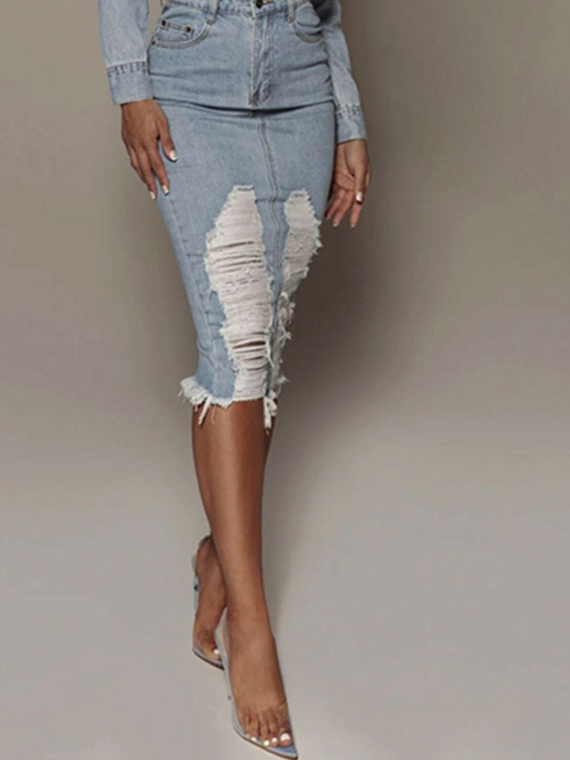 Distressed Slit Denim Skirt - Love Salve