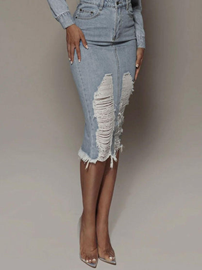 Distressed Slit Denim Skirt - Love Salve