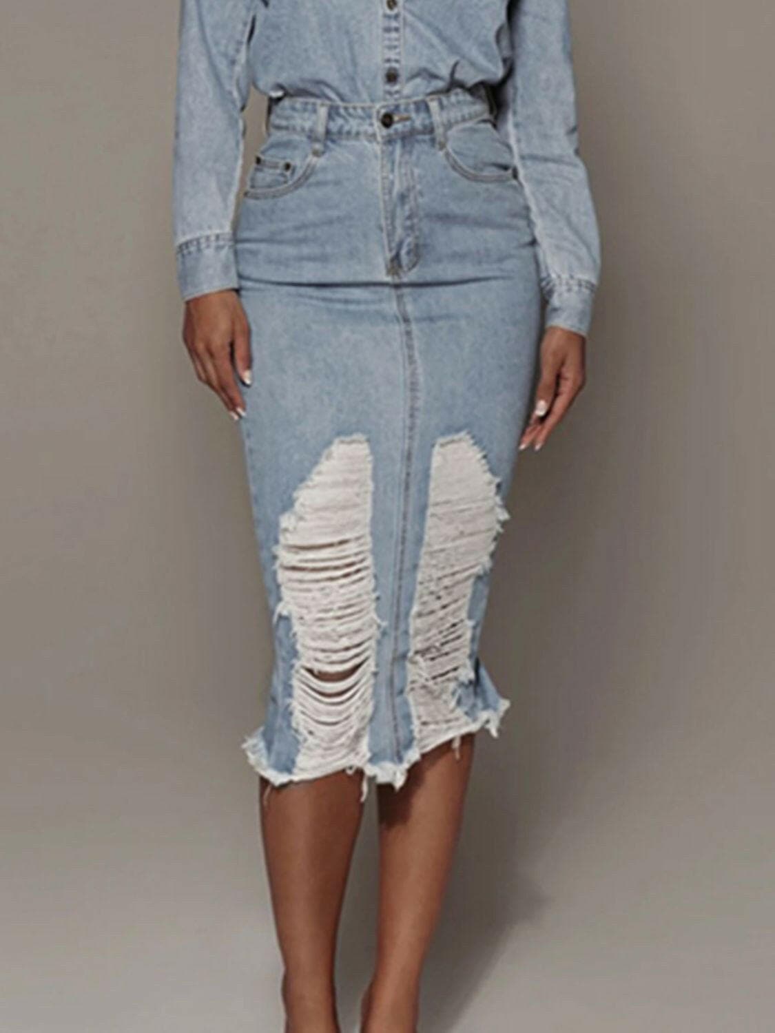 Distressed Slit Denim Skirt - Love Salve