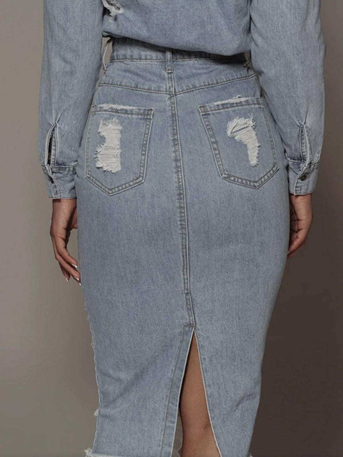 Distressed Slit Denim Skirt - Love Salve