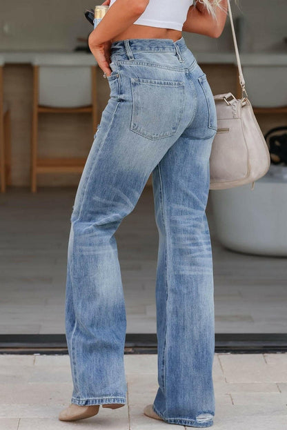 Distressed Straight Jeans with Pockets - Love Salve