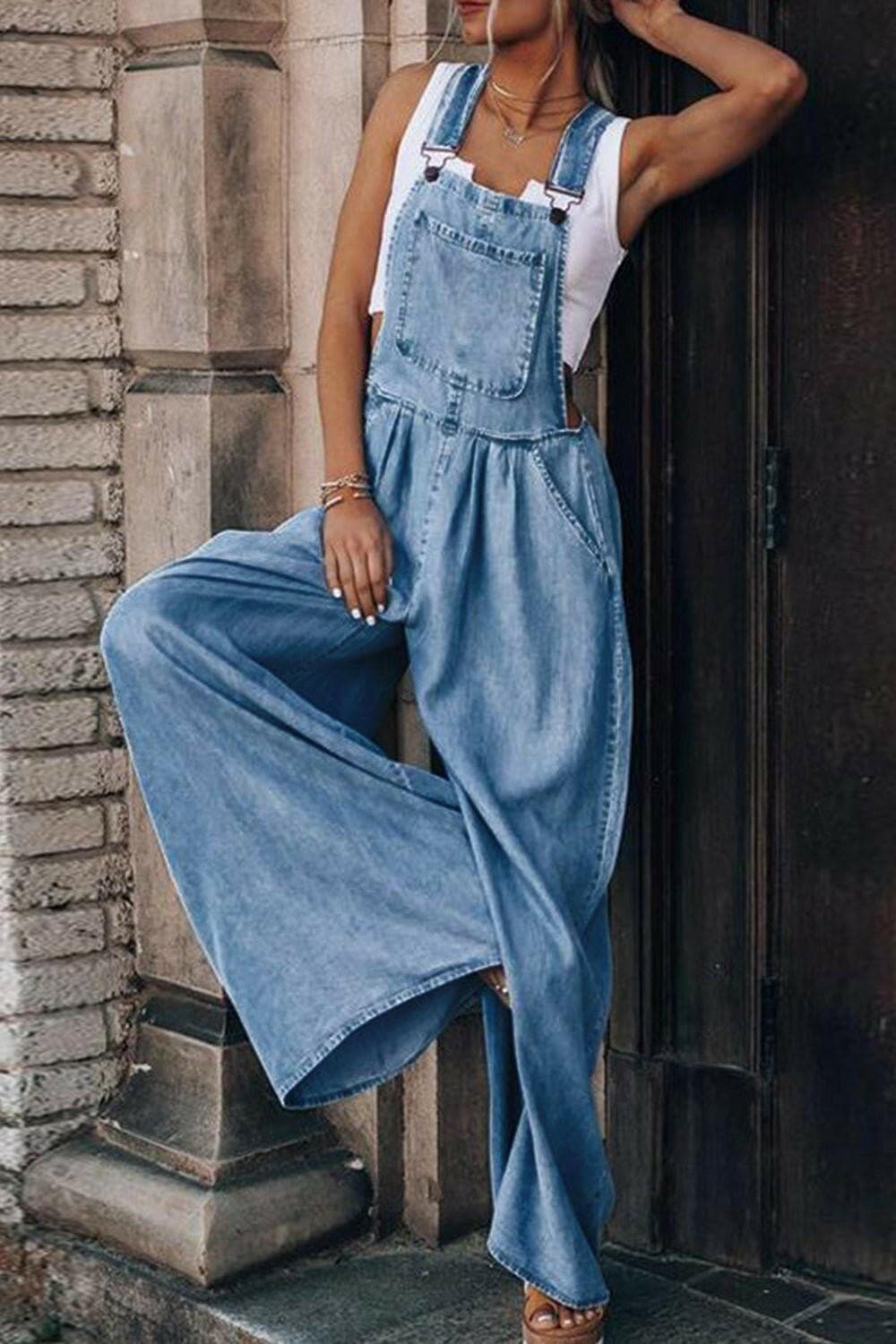 Distressed Wide Leg Denim Overalls - Love Salve