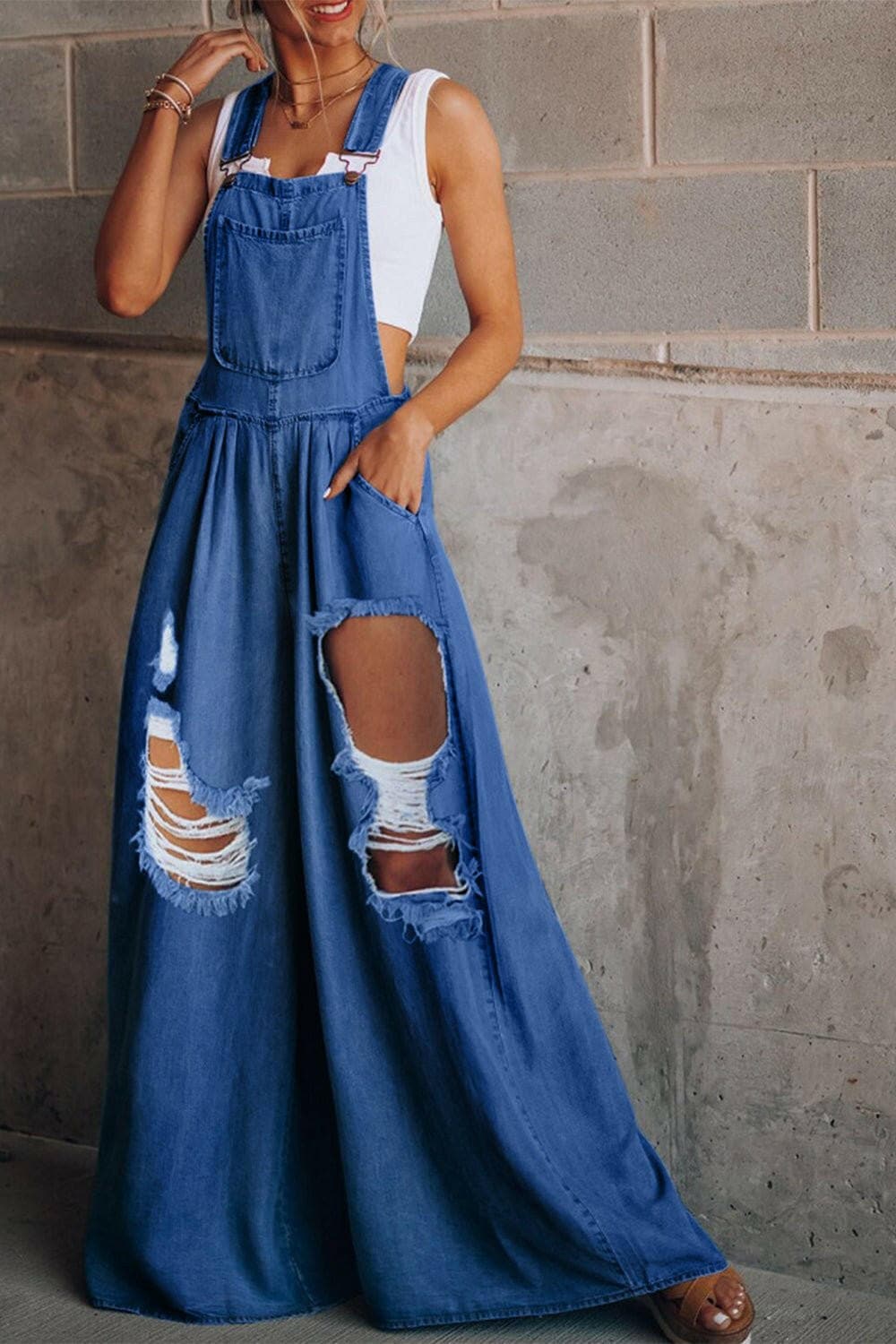 Distressed Wide Leg Denim Overalls - Love Salve