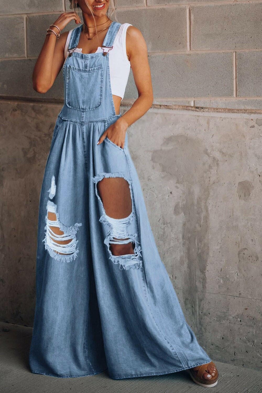 Distressed Wide Leg Denim Overalls - Love Salve