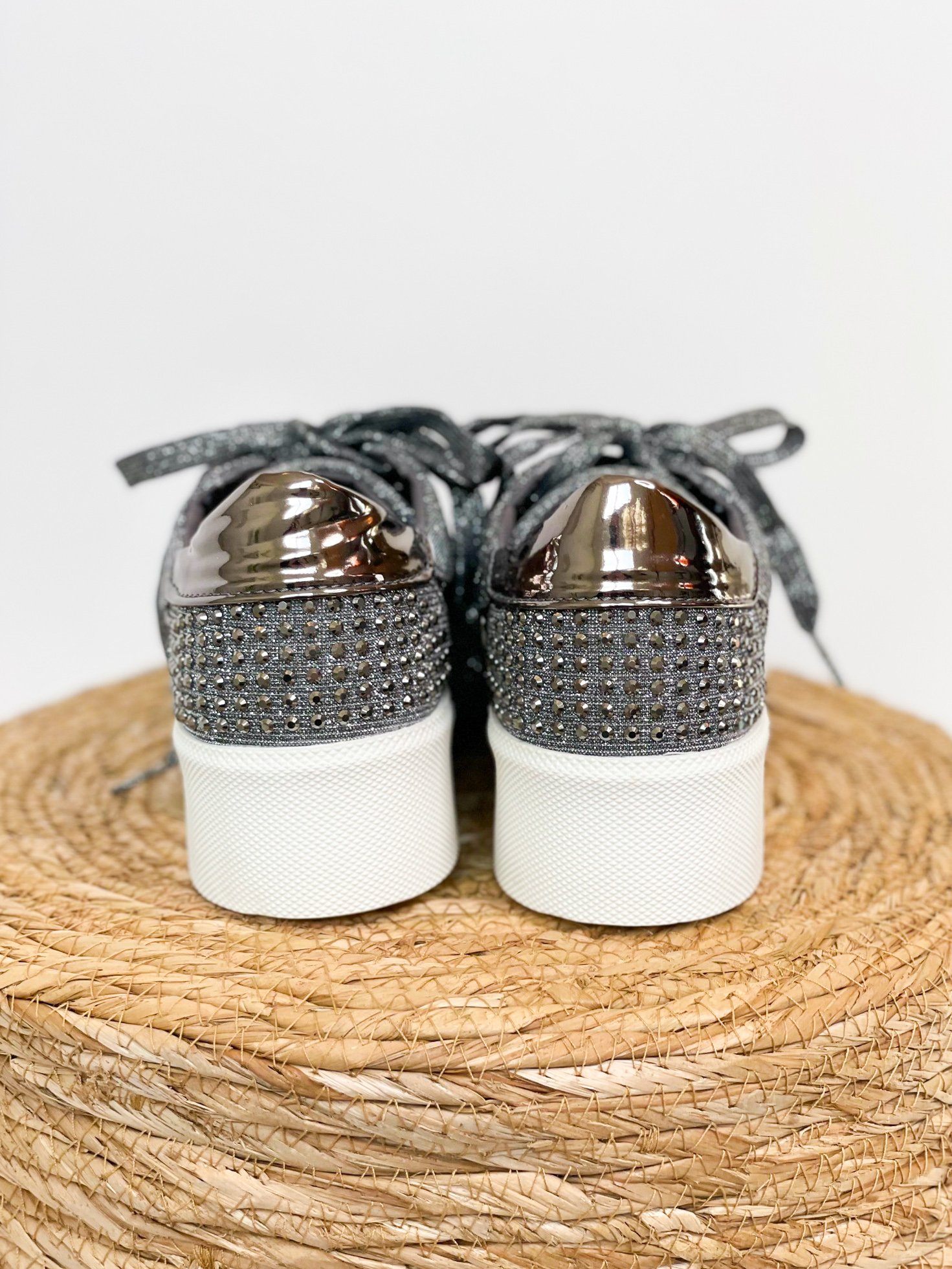 Diva Pewter Rhinestone Sneaker With Metallic Upper Shine Naughty Monkey